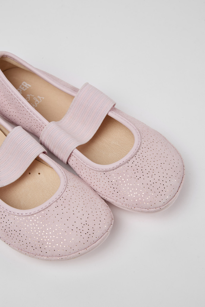 Close-up view of Right Pink nubuck ballerinas with glitter effect for girls