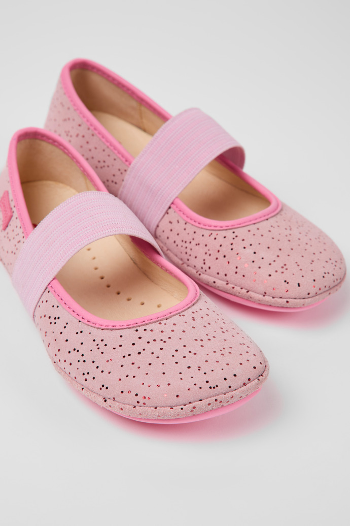 Close-up view of Right Pink nubuck ballerinas for kids