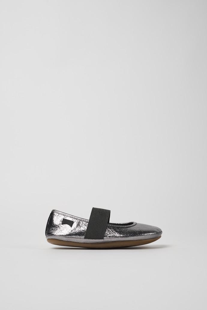 Image of Side view of Right Metallic grey leather ballerinas for kids