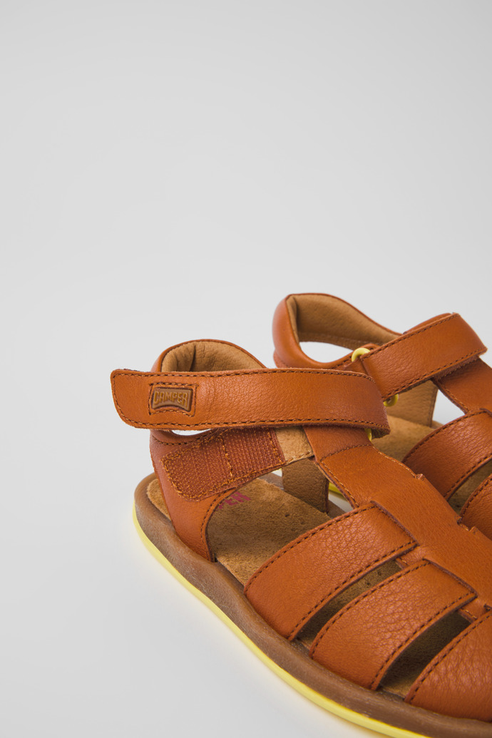 Close-up view of Bicho Brown leather sandals for kids