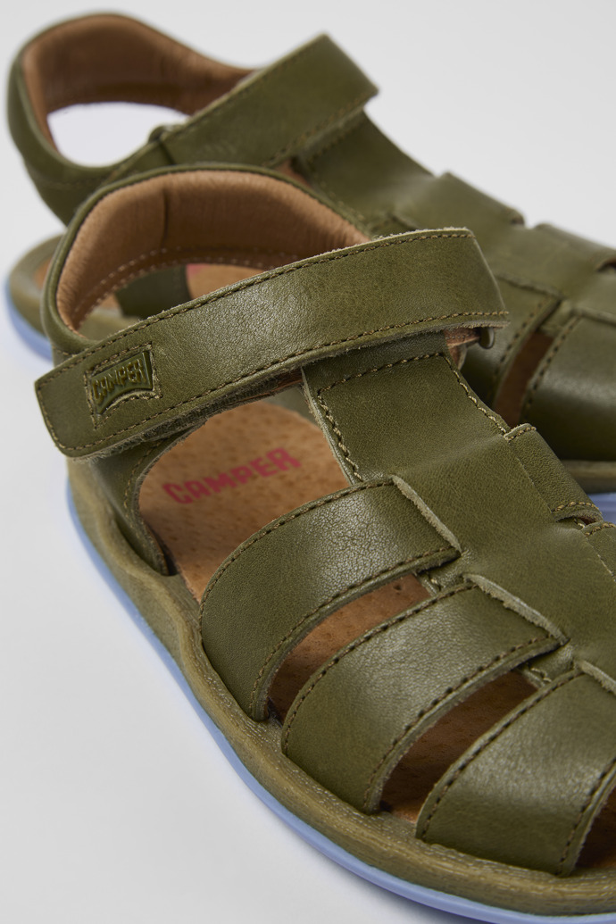 Close-up view of Bicho Green Leather Sandal