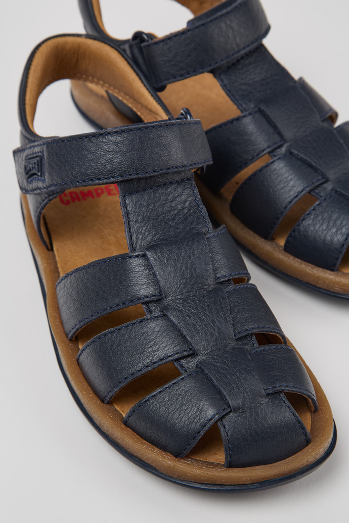 Close-up view of Bicho Blue Leather Kids' Closed Sandal.