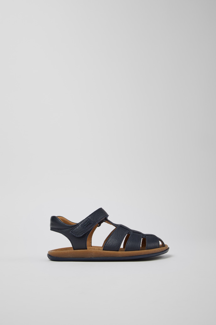 Side view of Bicho Blue Leather Kids' Closed Sandal.