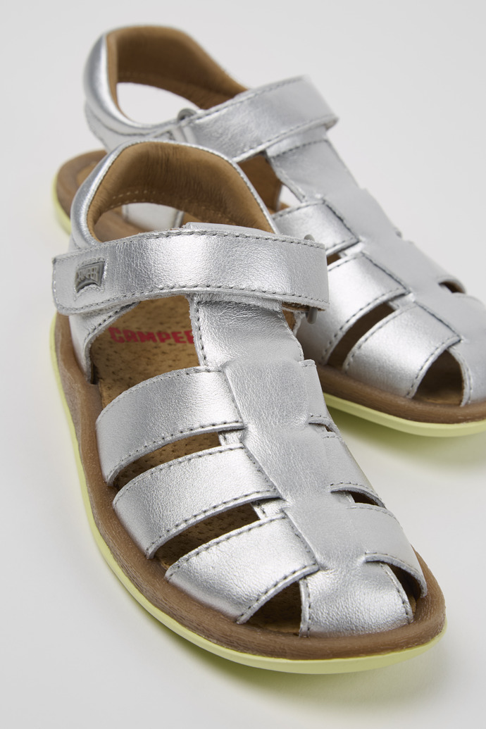 Close-up view of Bicho Silver Leather Closed Sandals for Kids.