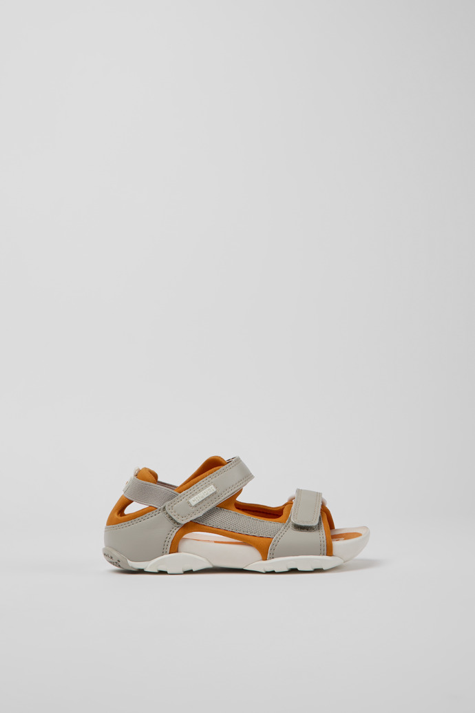 Side view of Ous Grey and orange sandals for kids