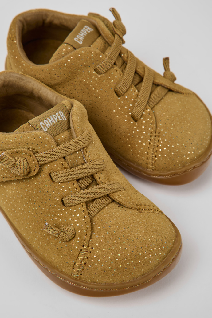 Close-up view of Peu Brown nubuck shoes with glitter effect for kids