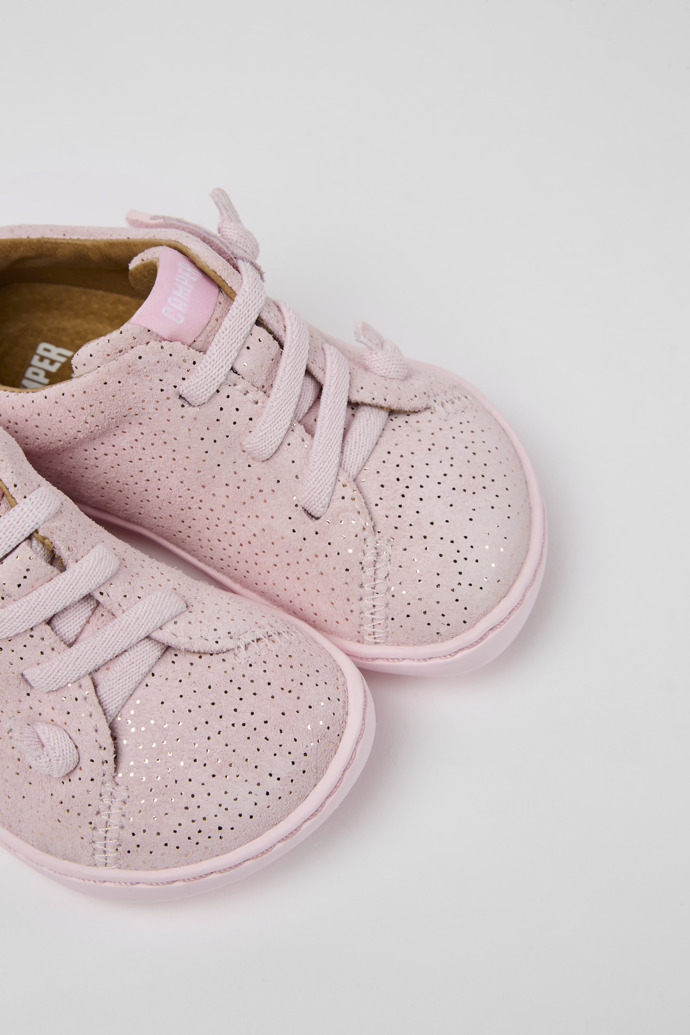 Close-up view of Peu Pink nubuck shoes with glitter effect for girls