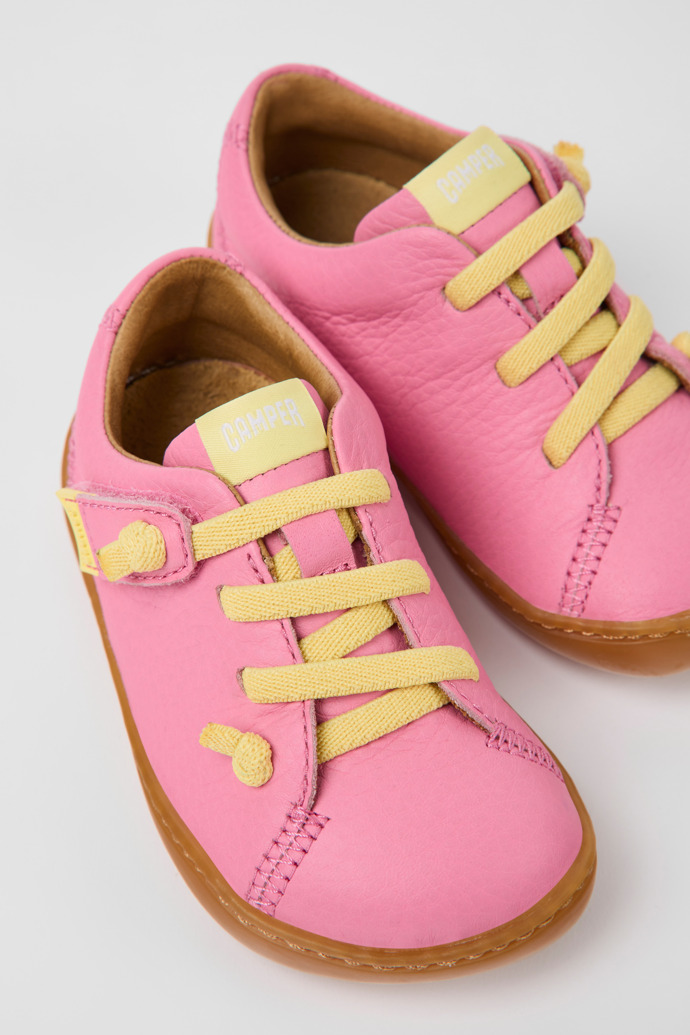 Close-up view of Peu Pink leather shoes for kids