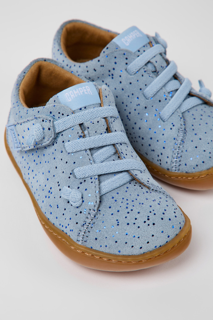 Close-up view of Peu Blue nubuck shoes for kids