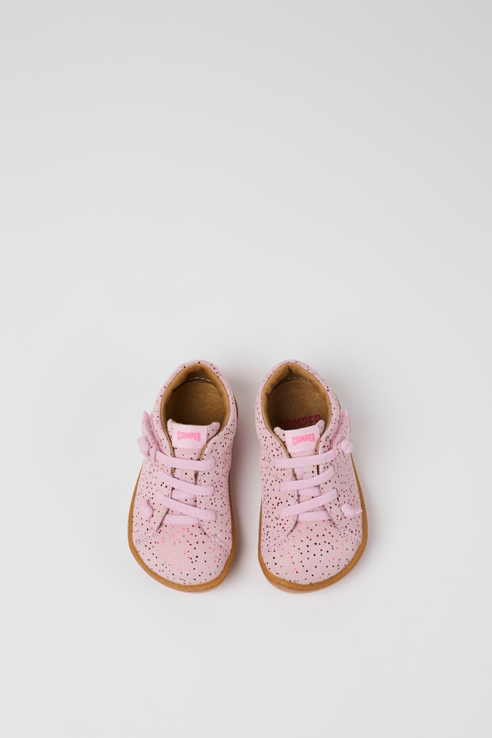 Overhead view of Peu Pink nubuck shoes for kids