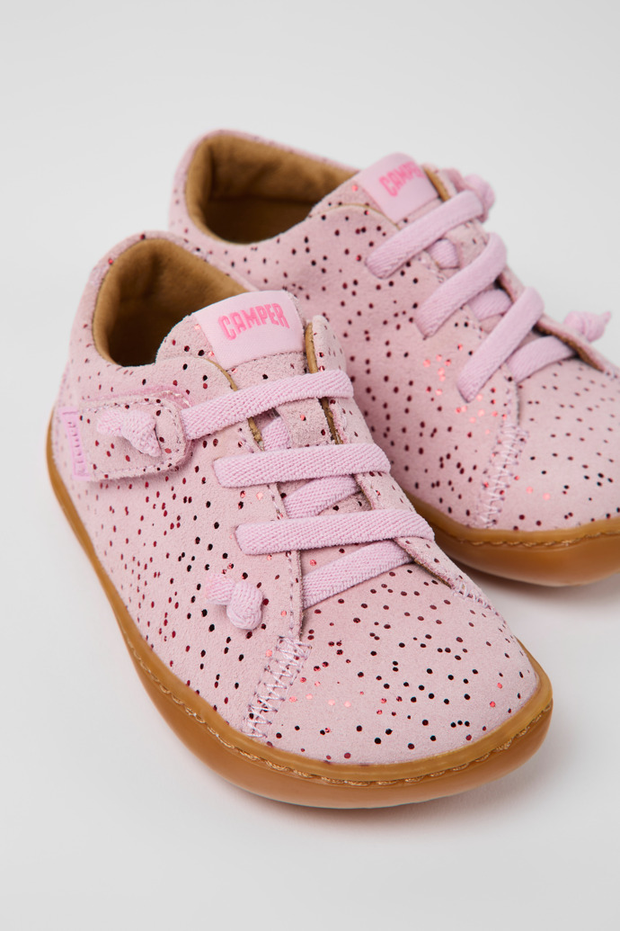 Close-up view of Peu Pink nubuck shoes for kids