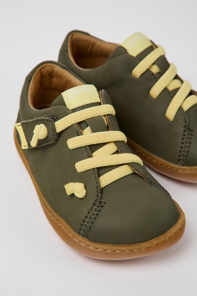 Close-up view of Peu Green leather shoes for kids