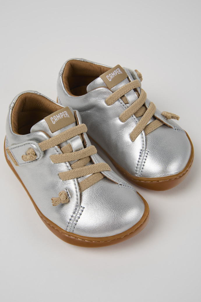 Close-up view of Peu Silver Leather Kids' Shoes.