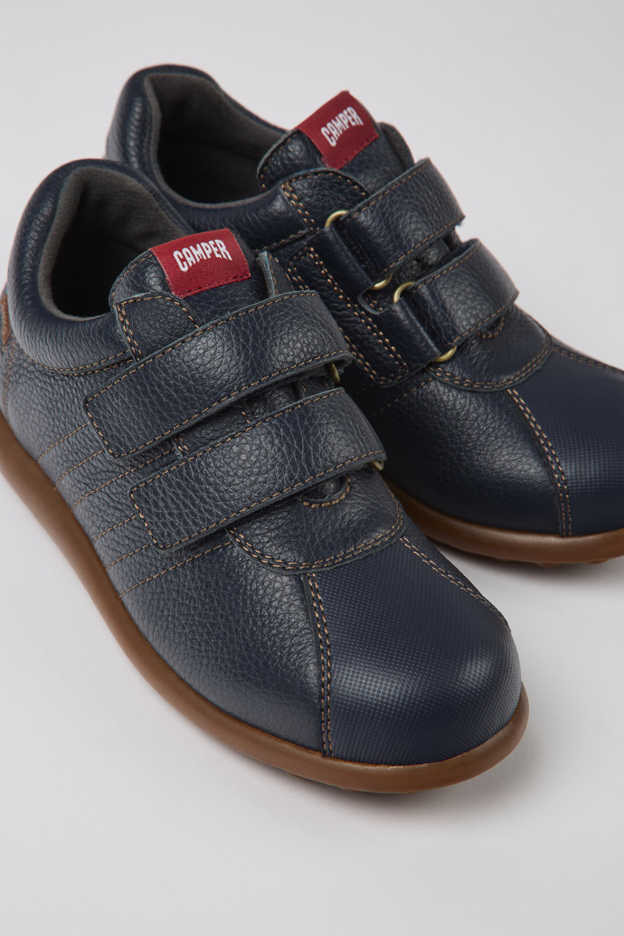Close-up view of Pelotas Navy blue leather and textile shoes for kids