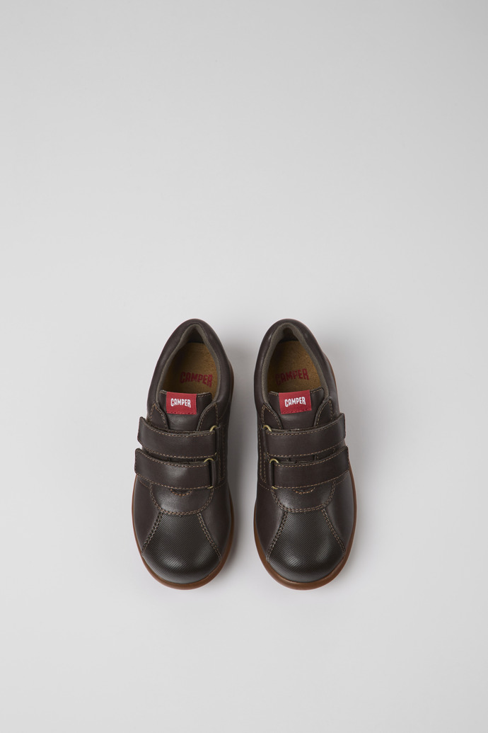 Overhead view of Pelotas Dark brown leather and textile shoes for kids