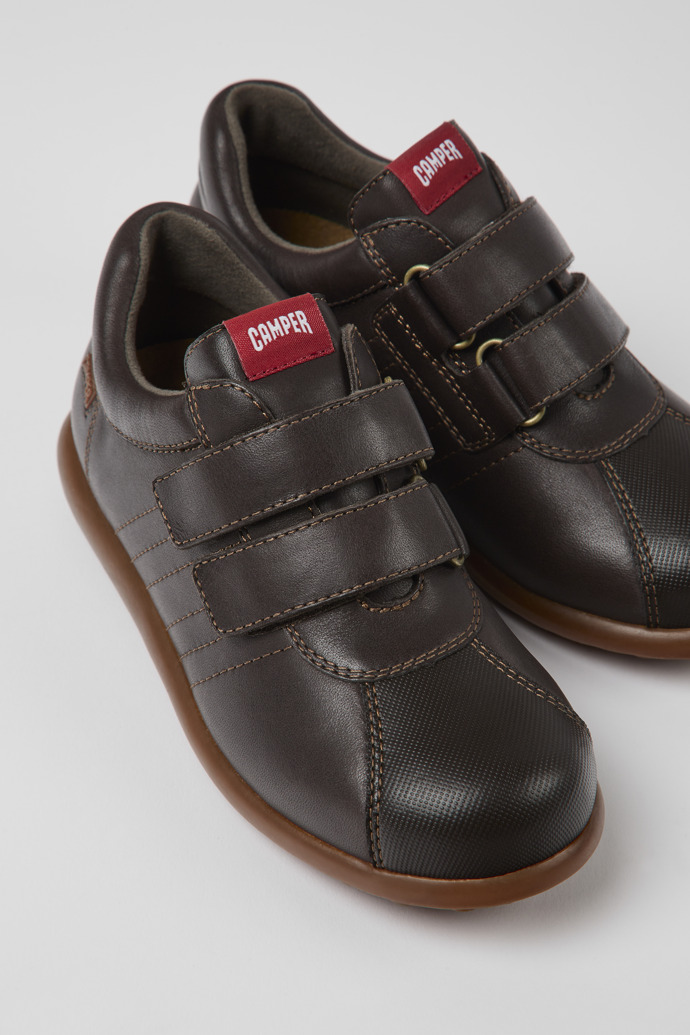 Close-up view of Pelotas Dark brown leather and textile shoes for kids