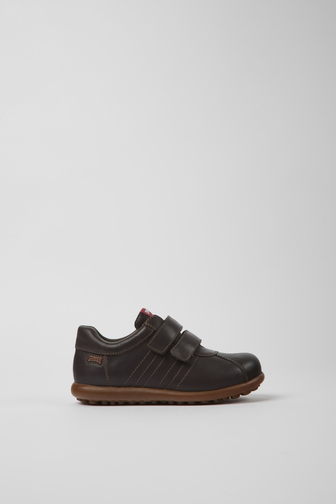 Side view of Pelotas Dark brown leather and textile shoes for kids