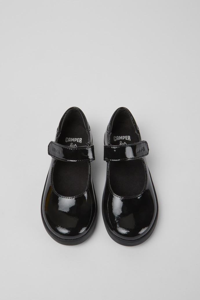 Overhead view of Spiral Comet Black patent leather shoes