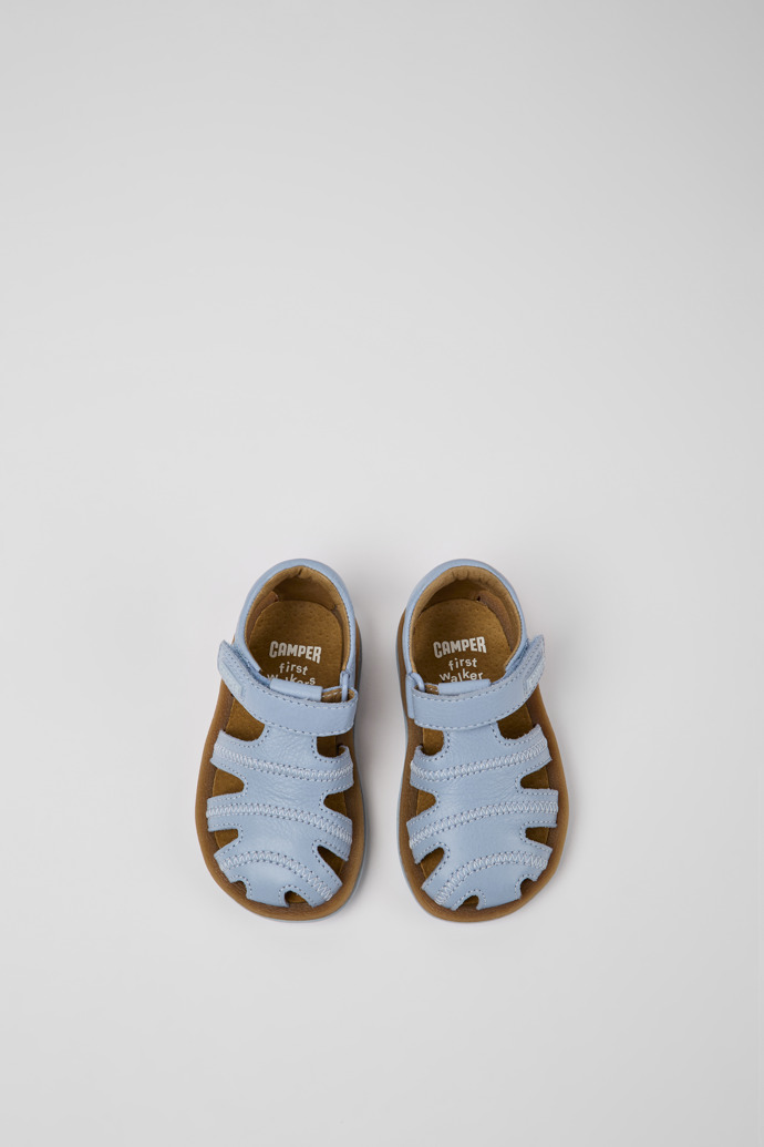 Overhead view of Bicho Light blue leather sandals for kids