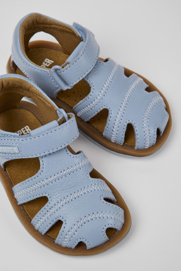 Close-up view of Bicho Light blue leather sandals for kids
