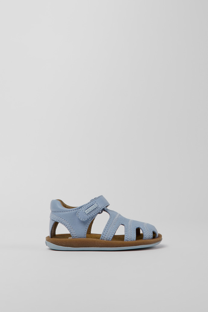 Side view of Bicho Light blue leather sandals for kids