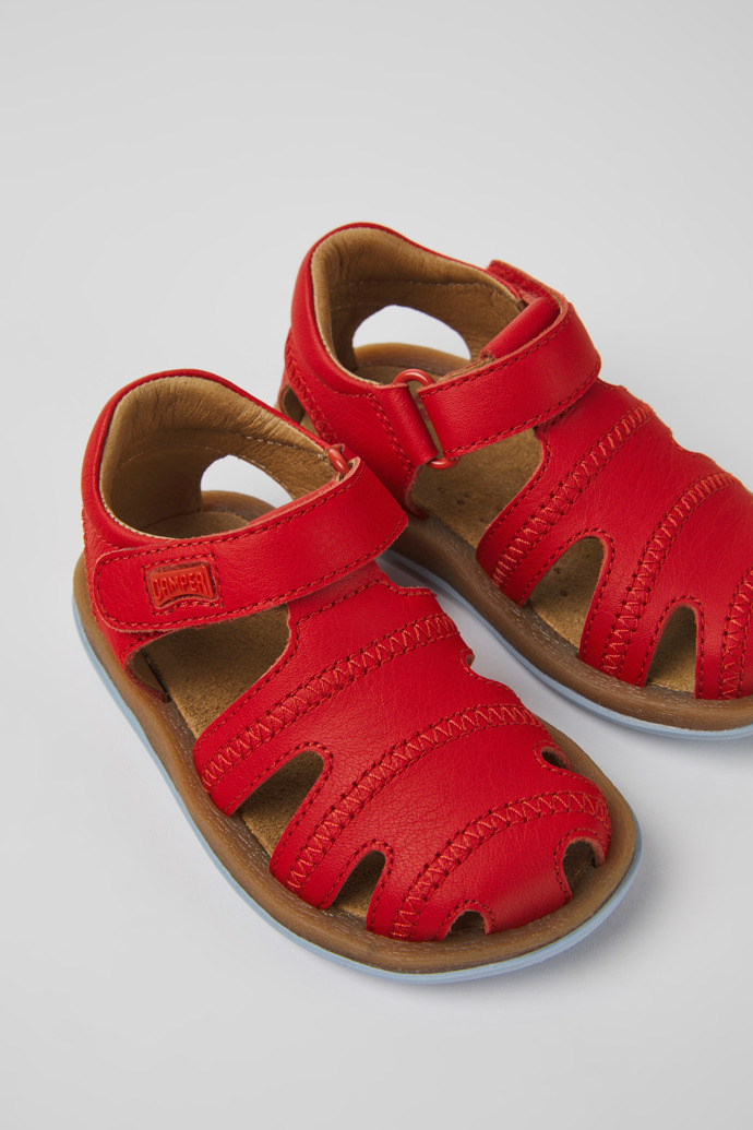 Close-up view of Bicho Red leather sandals for kids