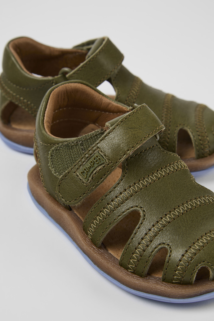 Close-up view of Bicho Green Leather Sandal