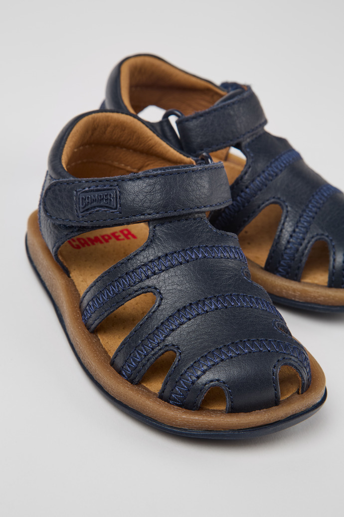 Close-up view of Bicho Blue Leather Closed Sandals for Kids.