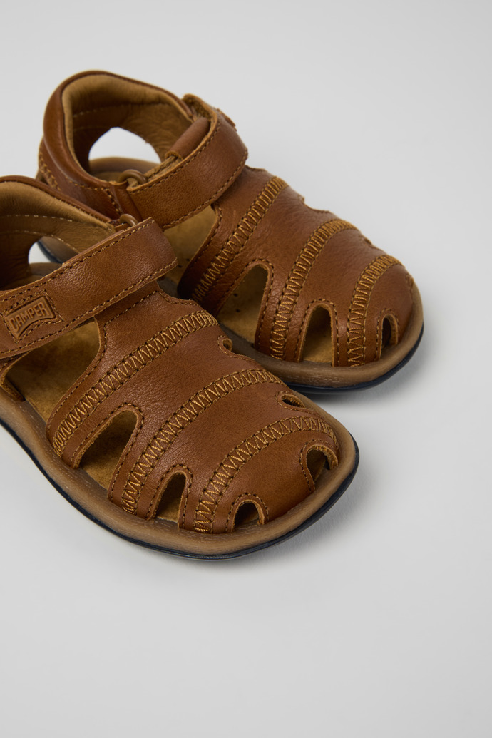 Close-up view of Bicho Brown Leather Closed Sandals for kids.
