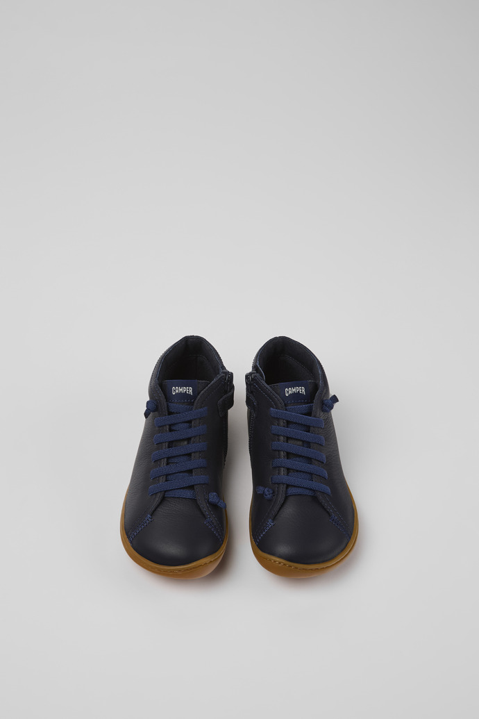 Overhead view of Peu Navy blue leather ankle boots for kids