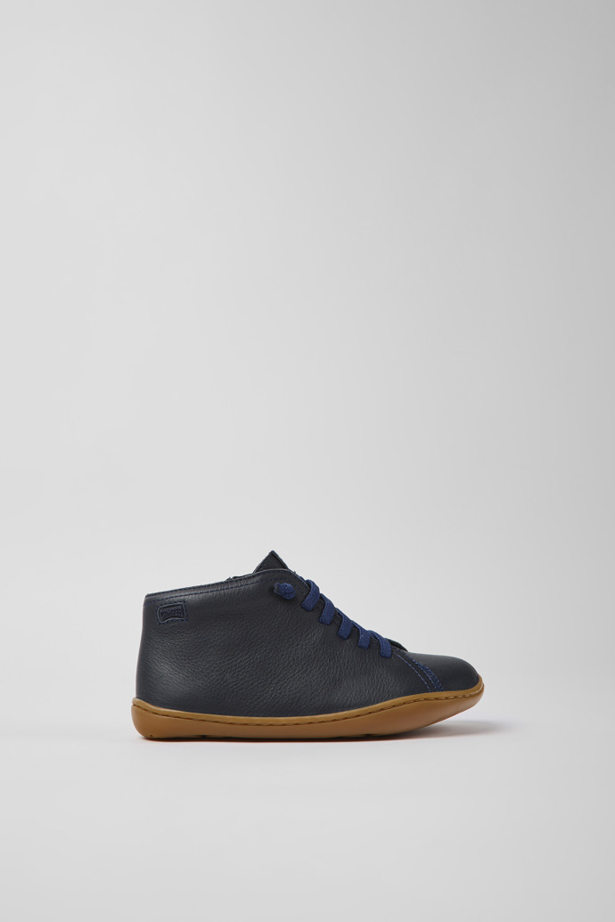 Side view of Peu Navy blue leather ankle boots for kids
