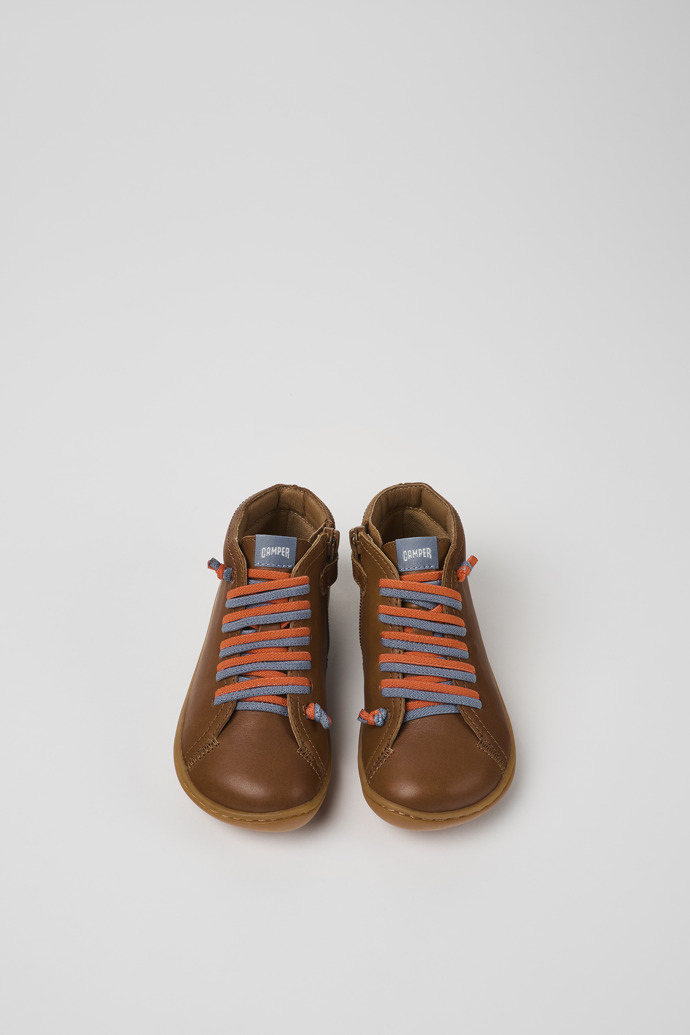 Overhead view of Peu Brown leather ankle boots for kids