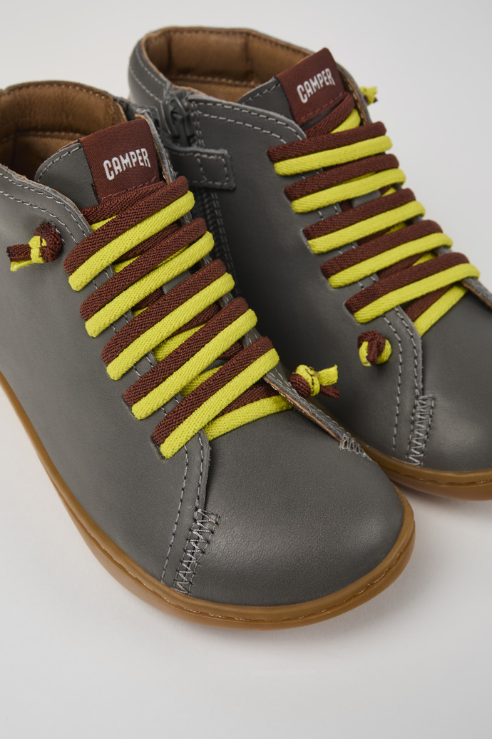 Close-up view of Peu Grey leather ankle boots for kids