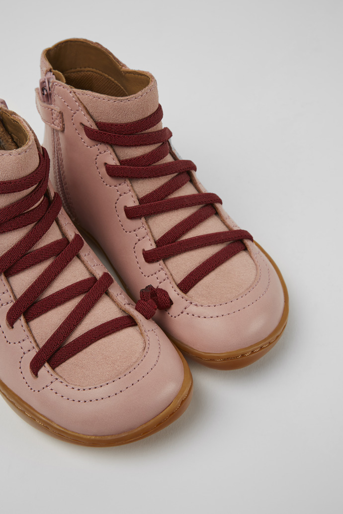 Close-up view of Peu Pink leather and nubuck boots