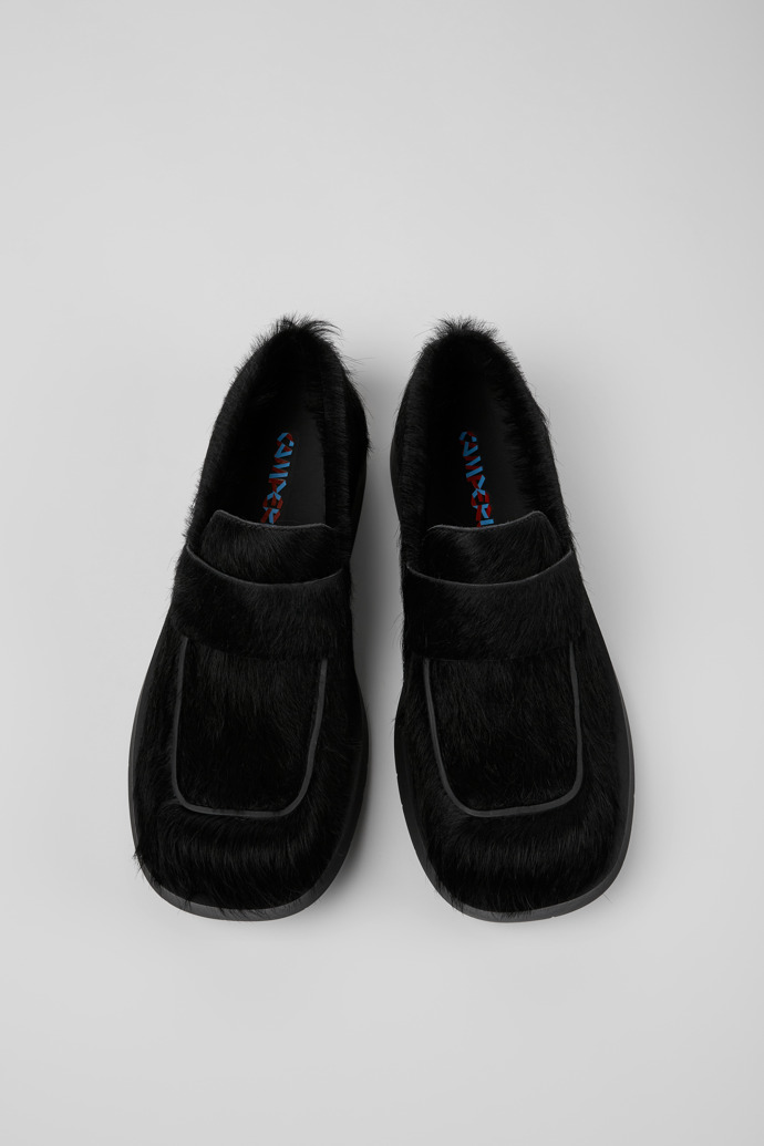 Overhead view of MIL 1978 Black long calf hair leather loafers