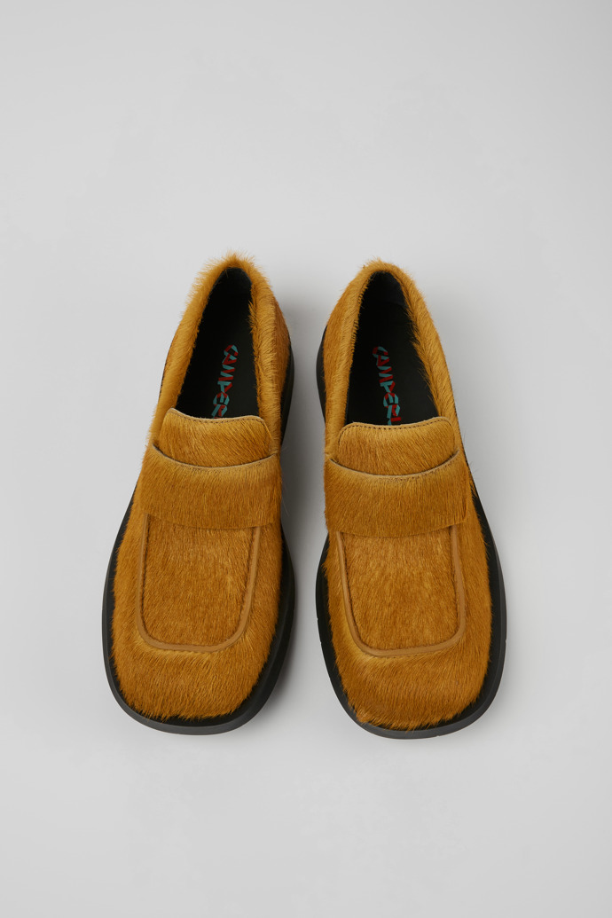 Overhead view of MIL 1978 Dark yellow long calf hair leather loafers