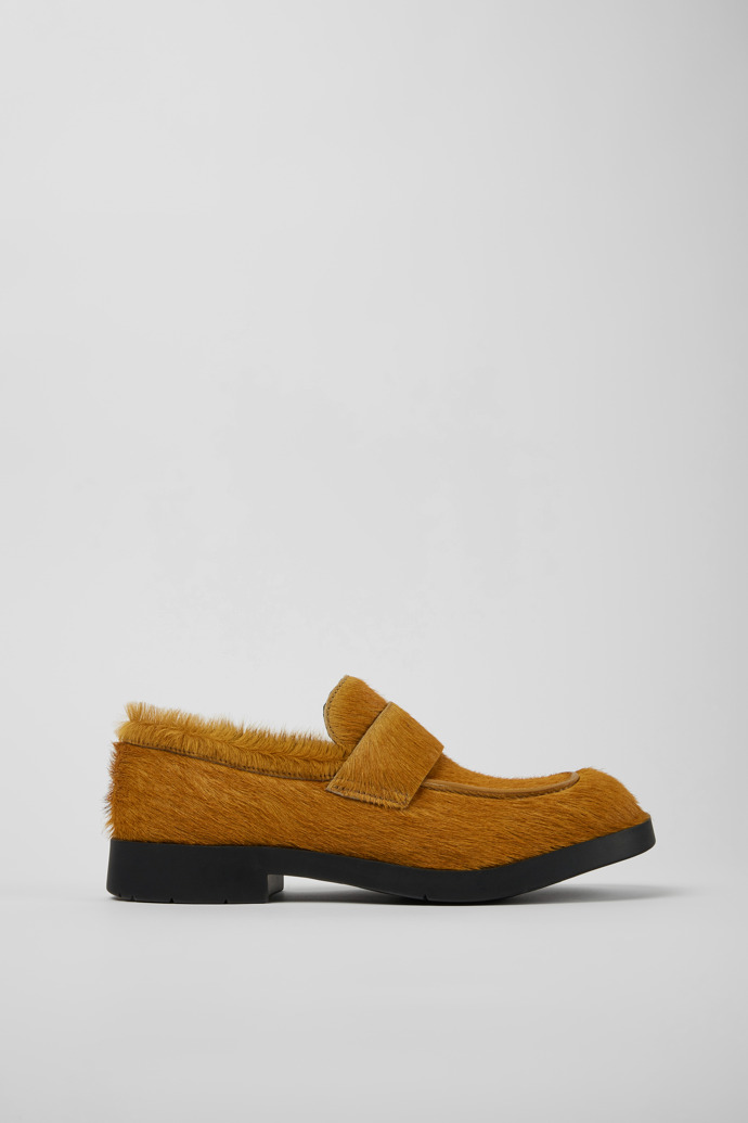Image of Side view of MIL 1978 Dark yellow long calf hair leather loafers