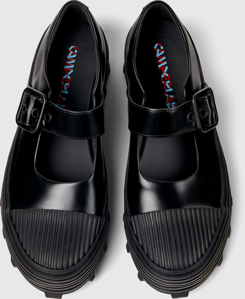 Overhead view of TRAKTORI Black Leather Mary Jane Clogs