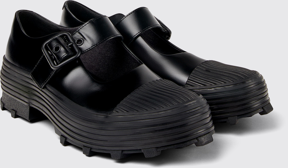 Front view of TRAKTORI Black Leather Mary Jane Clogs