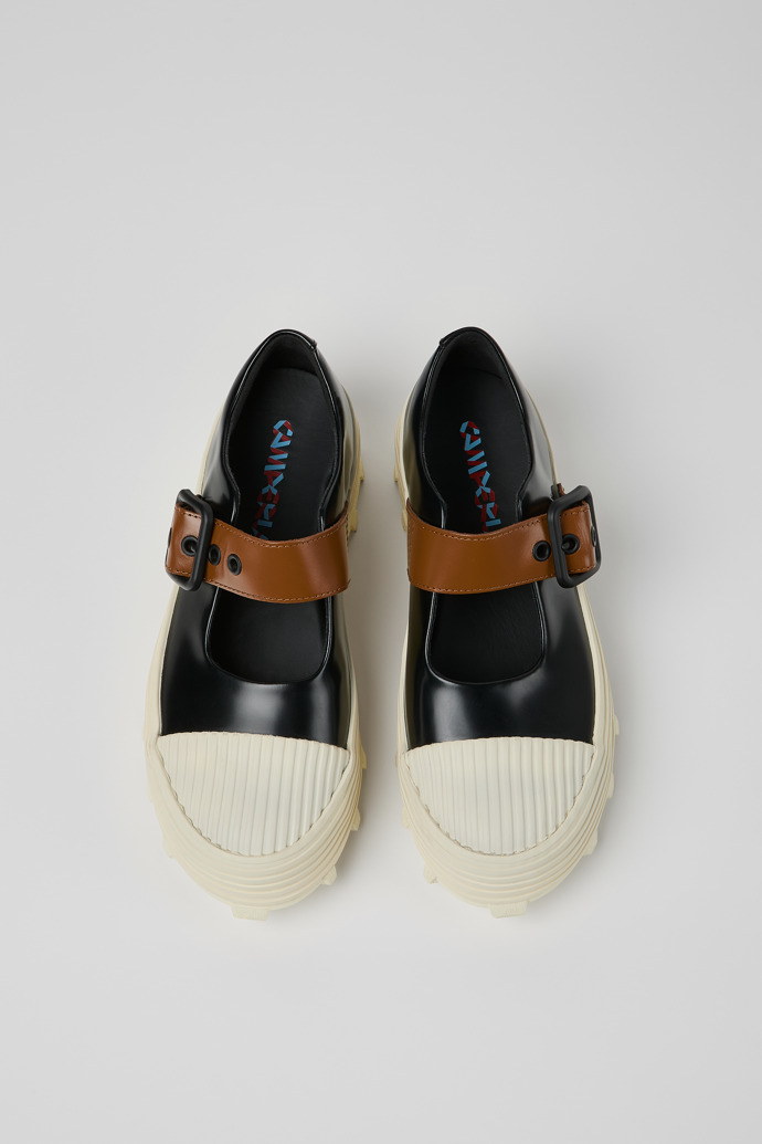 Overhead view of TRAKTORI Black-White-Brown Leather Mary Jane Clogs