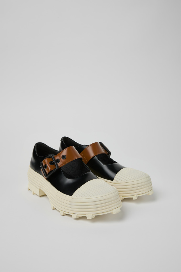 Front view of TRAKTORI Black-White-Brown Leather Mary Jane Clogs