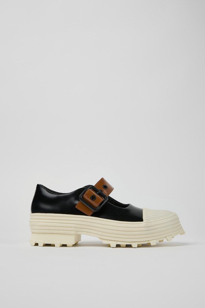 Side view of TRAKTORI Black-White-Brown Leather Mary Jane Clogs