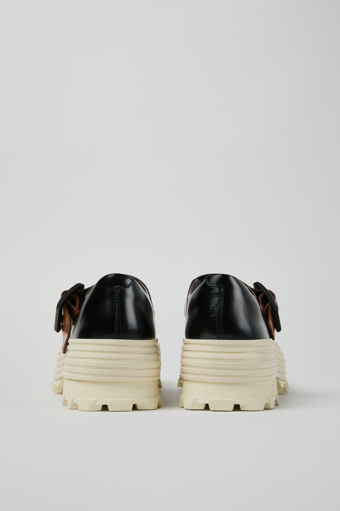 Back view of TRAKTORI Black-White-Brown Leather Mary Jane Clogs