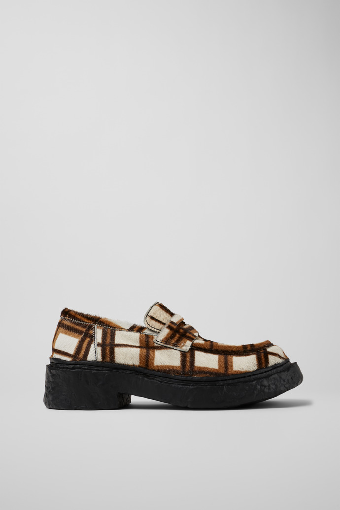 CAMPERLAB VAMONOS Mocasines en blanco roto y marrón de tartán de piel con pelo