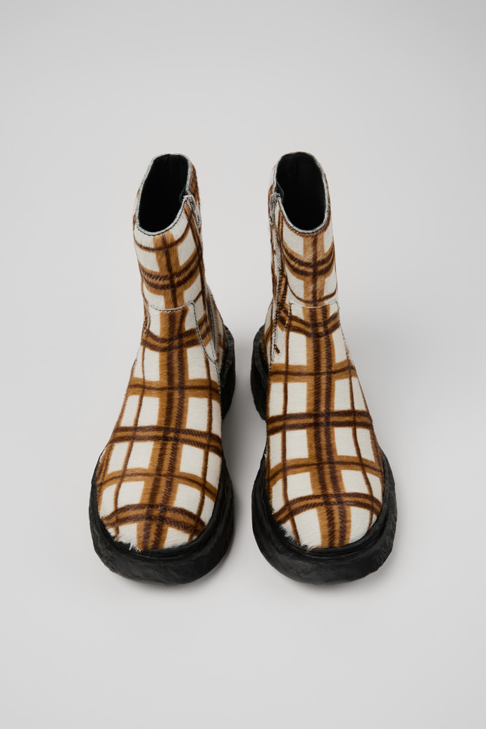 Overhead view of CAMPERLAB VAMONOS Cream-brown tartan hair-on-leather boots