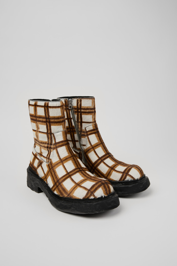 Front view of CAMPERLAB VAMONOS Cream-brown tartan hair-on-leather boots