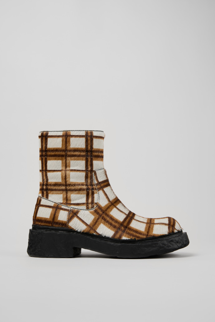 Side view of CAMPERLAB VAMONOS Cream-brown tartan hair-on-leather boots