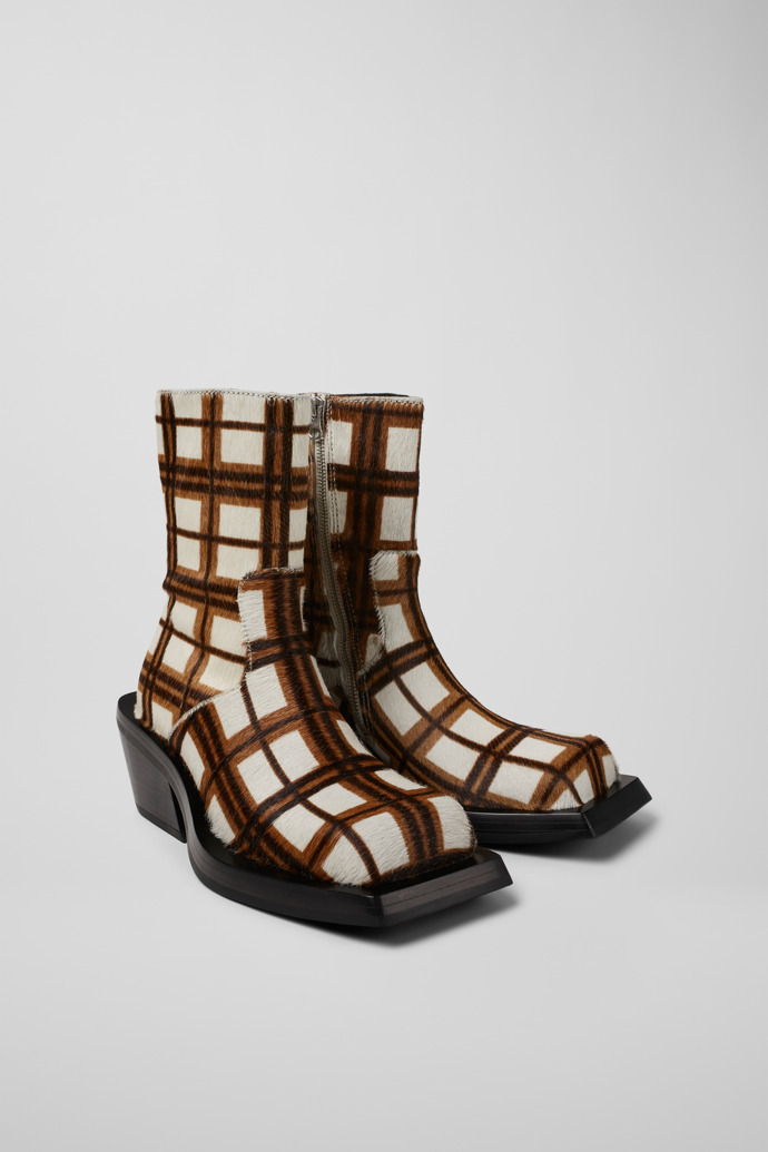 Front view of CAMPERLAB QUETAL Cream-brown tartan hair-on-leather boots