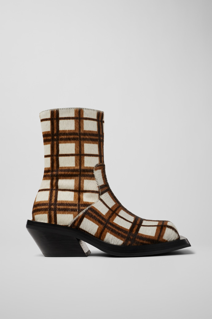 Side view of CAMPERLAB QUETAL Cream-brown tartan hair-on-leather boots