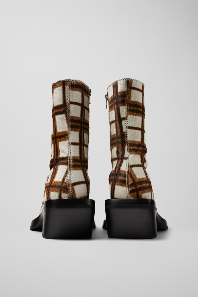 Back view of CAMPERLAB QUETAL Cream-brown tartan hair-on-leather boots